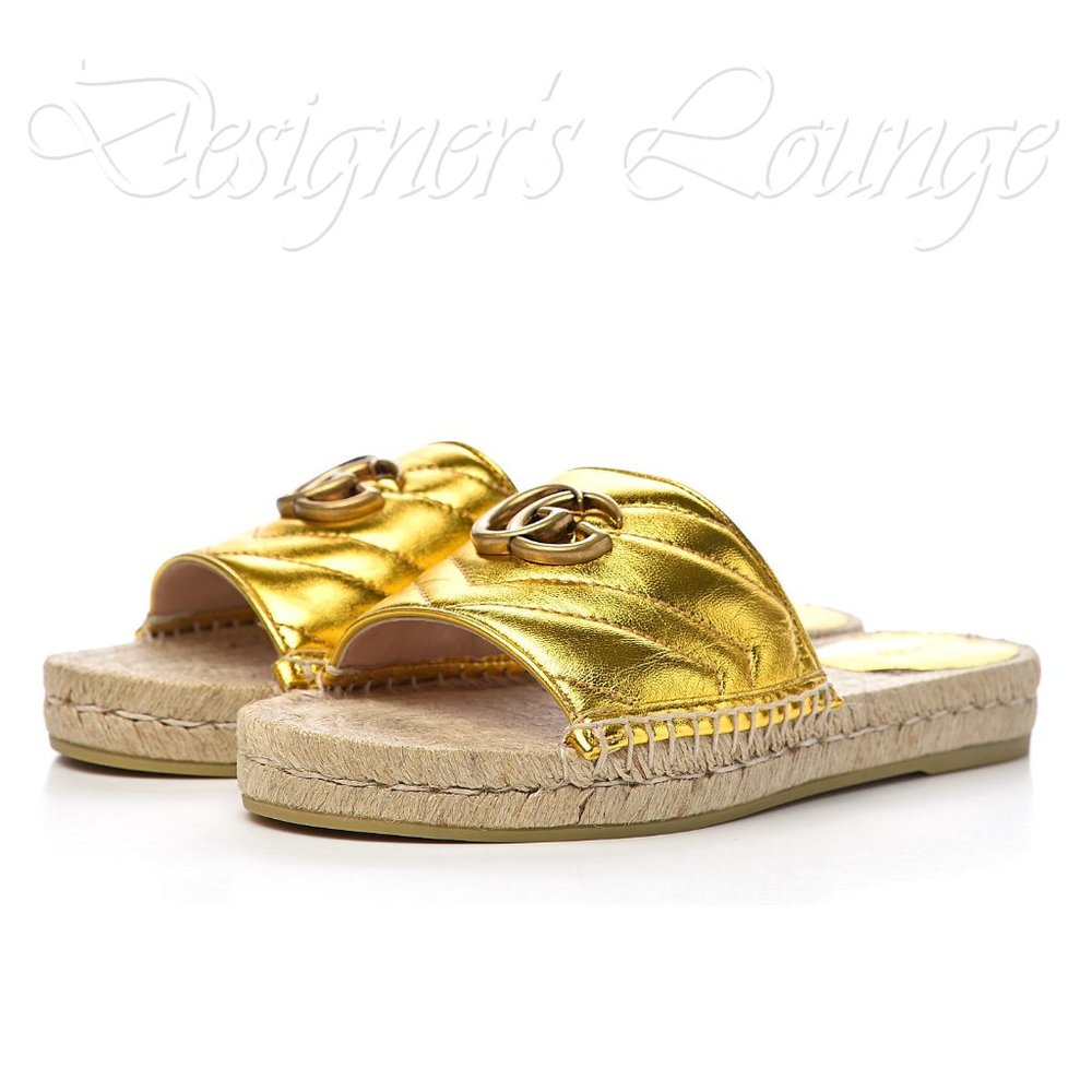 ⚡️SOLD! NEW GUCCI Marmont GG EU 39.5 Pilar Metallic Gold Leather Espadrilles - Picture 5 of 11